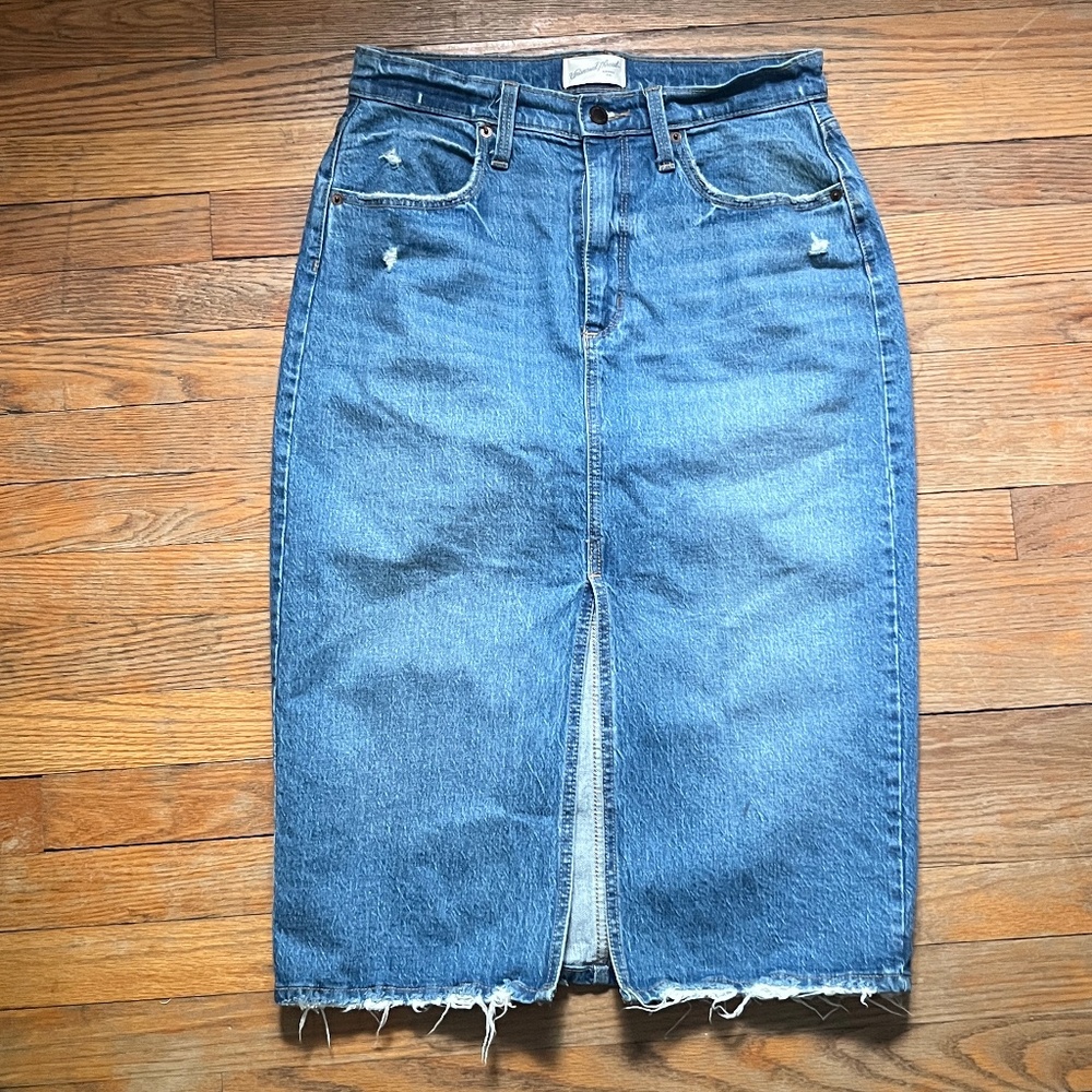 Distressed midi denim skirt with slit